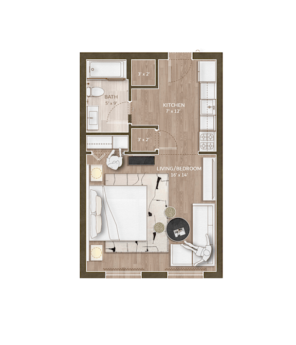 A floor plan of a small apartment with a living room, kitchen, and bathroom.