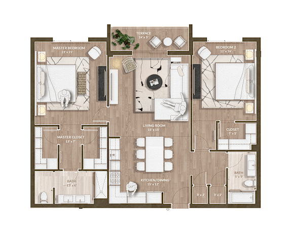 A floor plan of a house with two bedrooms, a living room, a kitchen, a bathroom, and a terrace.