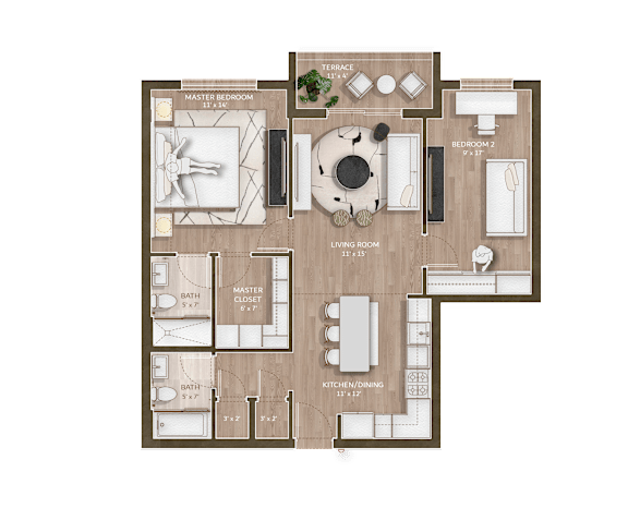 A floor plan of a house with a master bedroom, living room, kitchen, and bathrooms.
