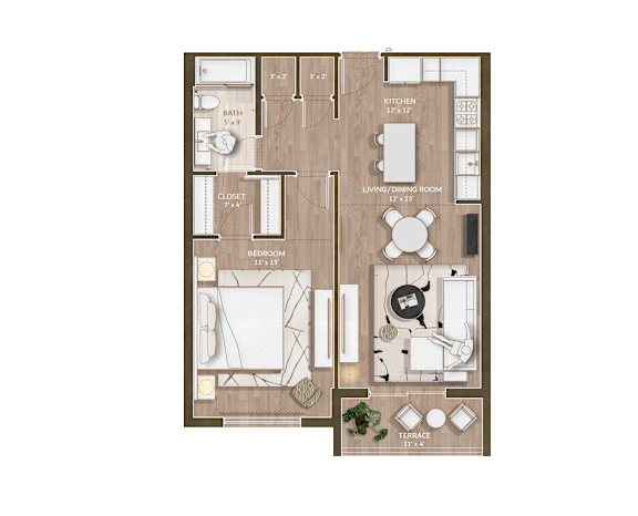 A floor plan of a house with a kitchen, living room, and bathroom.