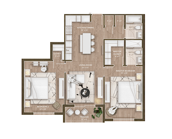 A floor plan of a house with a kitchen, living room, and two bedrooms.