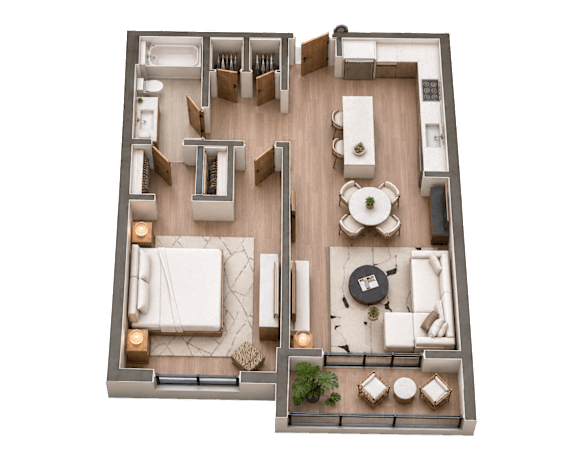 A top-down view of a well-furnished apartment layout.