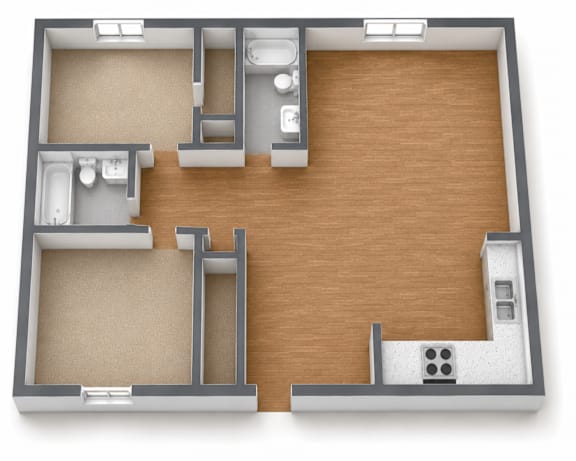 A 3D floor plan of a house layout.