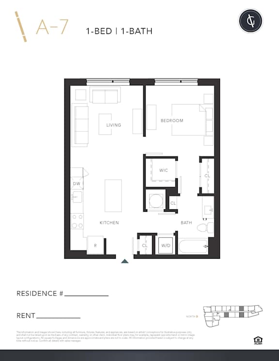 A floor plan of a 1-bedroom 1-bath apartment.