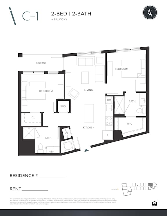 A black and white image of a floor plan for a 2-bedroom, 2-bathroom apartment with balcony.