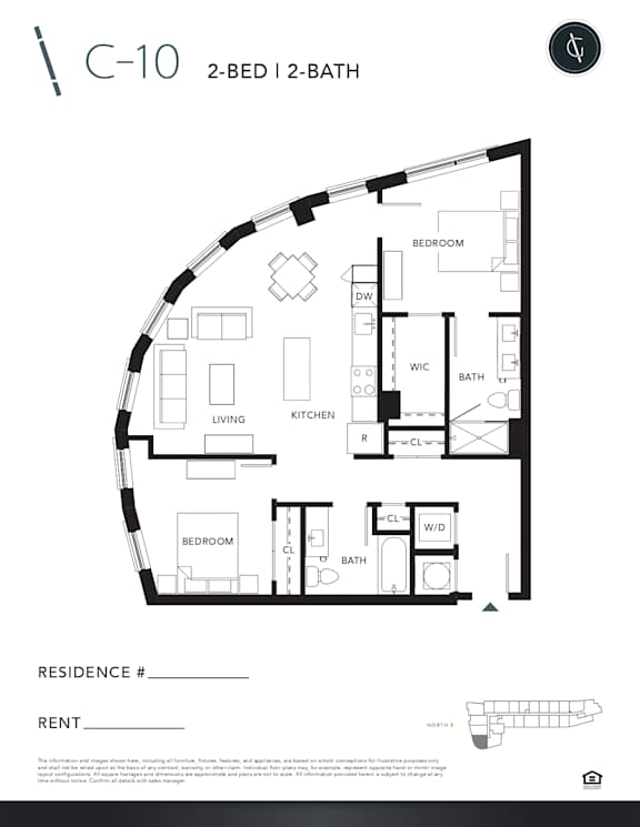 A black and white image of a 2-bedroom, 2-bathroom apartment layout.