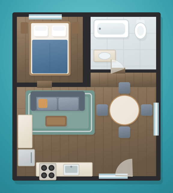 A graphic representation of a small room with a bed, a desk, and a chair.