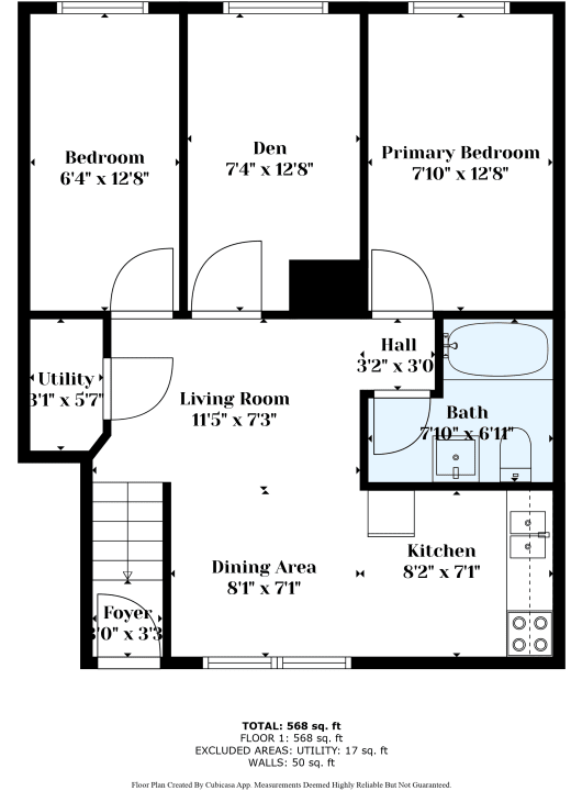 A floor plan of a house with a total area of 568 sq. ft.