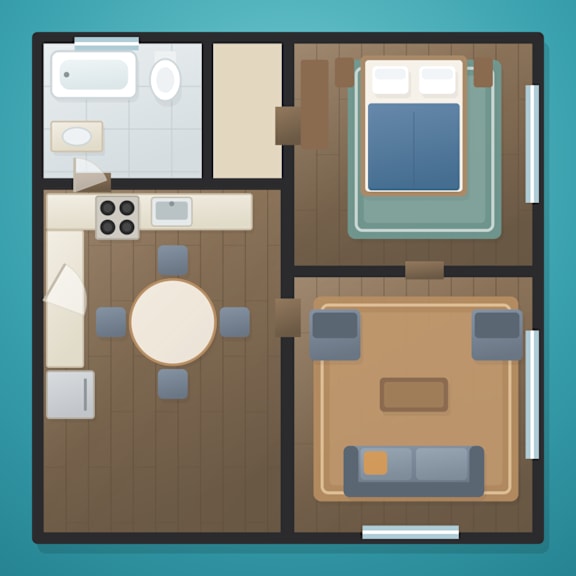 A graphic layout of a room with a bed, a couch, a table, and a toilet.