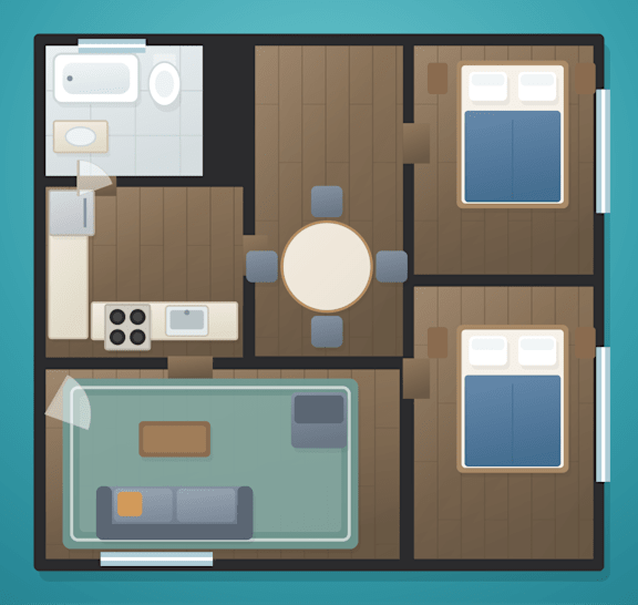 A graphic layout of a house with a kitchen, living room, and two bedrooms.
