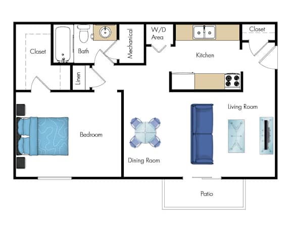 A floor plan of a house with a bedroom, living room, dining room, kitchen, and bathroom.