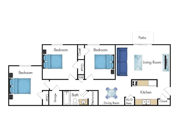 A floor plan of a house with three bedrooms, a bathroom, a kitchen, a dining room, a living room, and a patio.