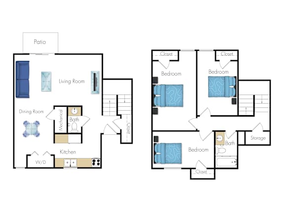 A floor plan of a house with a patio, living room, dining room, kitchen, and three bedrooms.