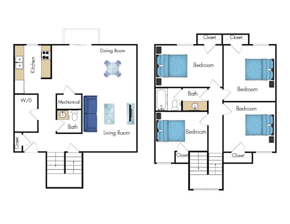 A floor plan of a house with a kitchen, dining room, living room, and bedrooms.
