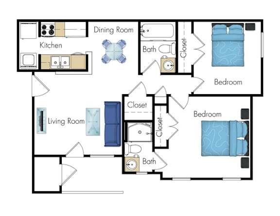 A floor plan of a house with a kitchen, dining room, living room, and two bedrooms.