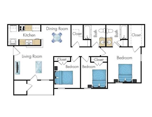 A floor plan of a house with a kitchen, living room, dining room, and three bedrooms.