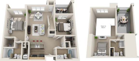 Floor Plan  Two images of a house layout with a living room, kitchen, and bedrooms.