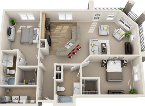 A 3D floor plan of a house with a kitchen, living room, and two bedrooms.