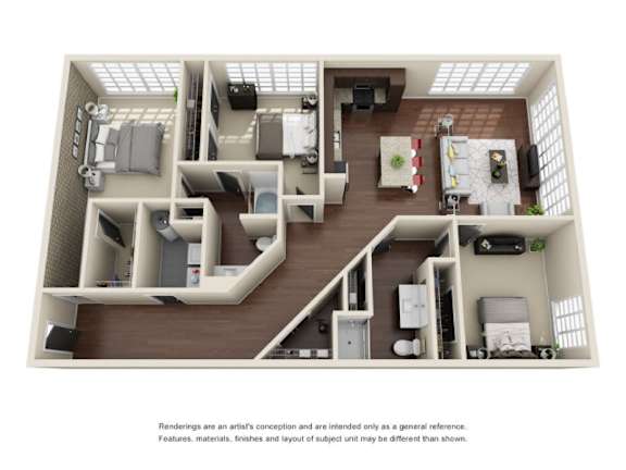 A 3D rendered image of a house layout.
