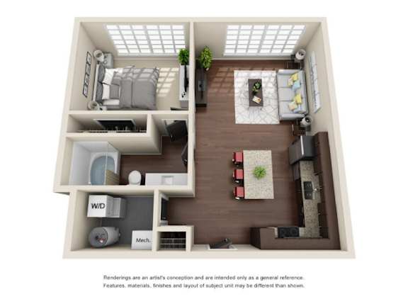A 3D rendering of a small apartment with a kitchen, living room, and bedroom.