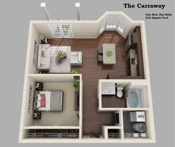A 3D floor plan of a one bedroom, one bathroom apartment with a total area of 818 square feet.