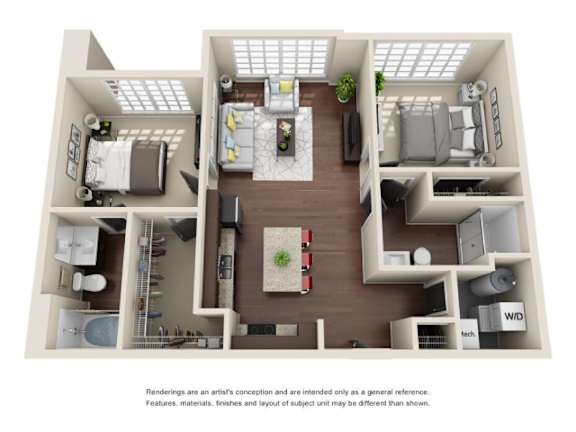 A 3D rendered image of a house layout.