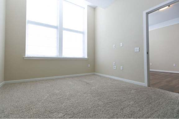 A room with a carpeted floor and a large window.