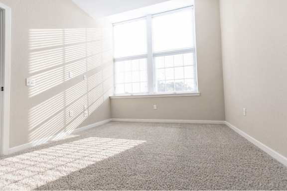 A room with a carpeted floor and a large window.