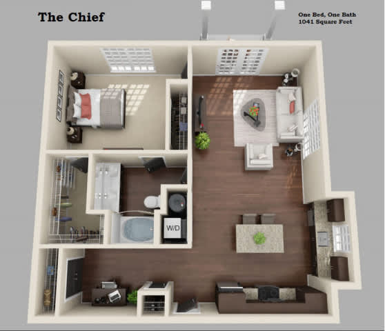 A 3D floor plan of a one bedroom, one bathroom apartment.