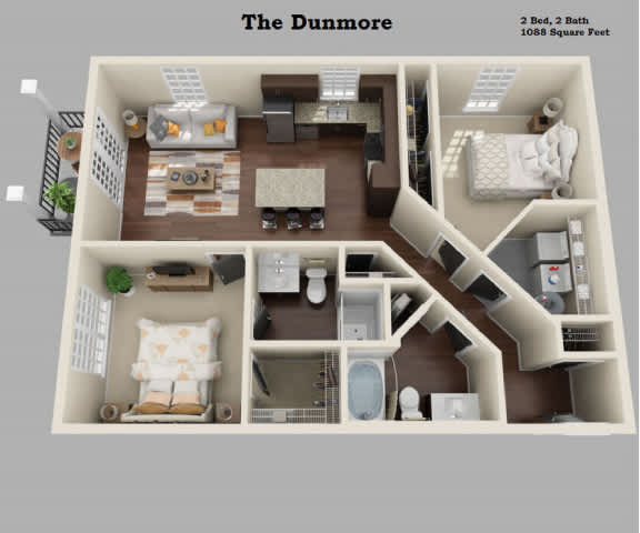 A 2 bedroom, 2 bathroom apartment with a total area of 1088 square feet is displayed.