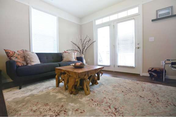 A living room with a couch, a table, and a rug.