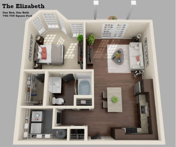 A 3D floor plan of a one bedroom, one bath apartment named The Elizabeth.