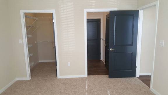 A room with a black door and a white door.