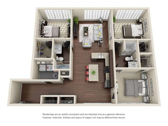A 3D rendering of a modern apartment layout with a kitchen, living room, and bedrooms.