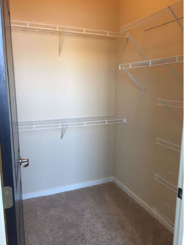 Empty white shelves in a room with a closed door.