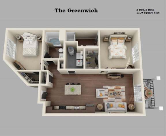 A 3D floor plan of a 2 bedroom, 2 bath apartment with a total area of 1109 square feet.