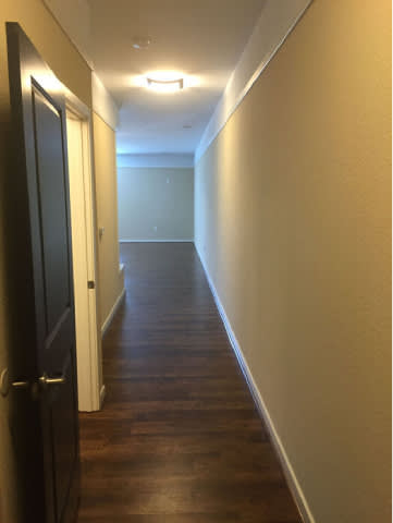 A long hallway with a black door on the left.