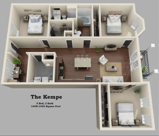 A 3 Bedroom, 2 Bathroom apartment is 1408-1425 square feet.