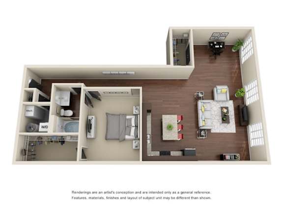 A floor plan of a house with a kitchen, living room, and two bedrooms.