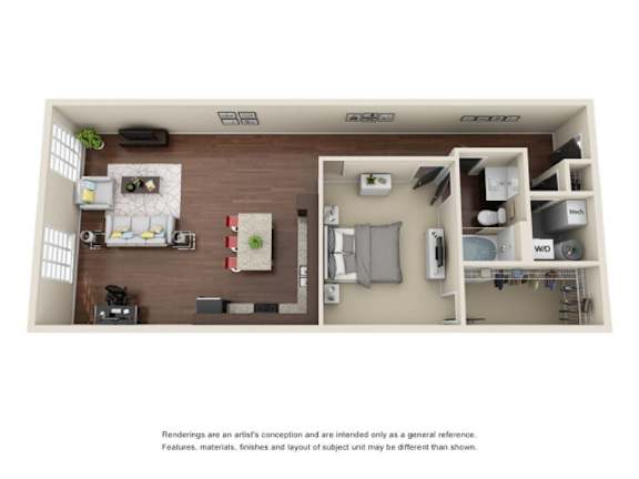A rendering of a small apartment with a kitchen, living room, and bedroom.
