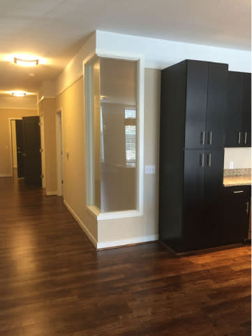 A long hallway with black cabinets and a glass door.