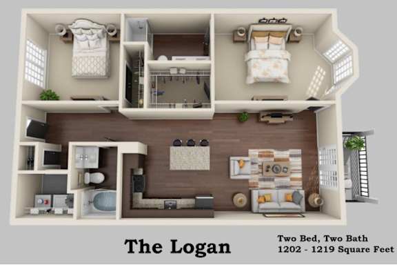 A 3D floor plan of a two bedroom, two bathroom apartment.