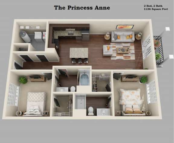 A 3D floor plan of a two bedroom, two bath apartment named The Princess Anne.