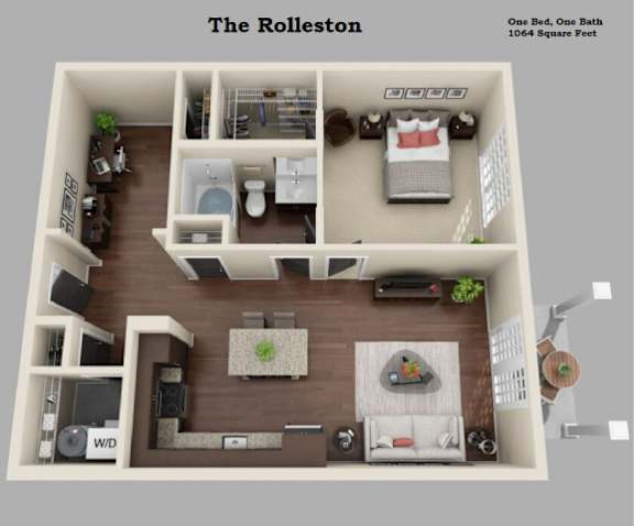 A floor plan of a one bedroom, one bathroom apartment.