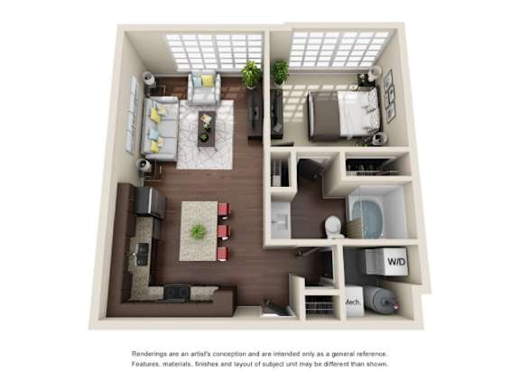 A floor plan of a small apartment with a kitchen, living room, and bathroom.