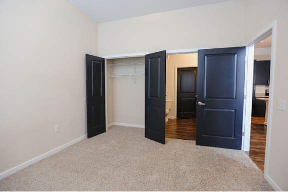 A room with a carpeted floor and a door with a black frame.