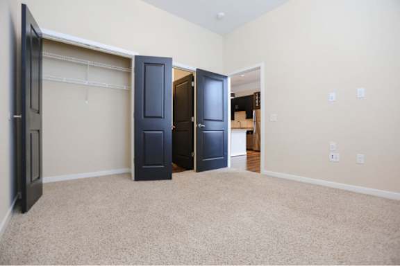 A room with a carpeted floor and a wall with switches.