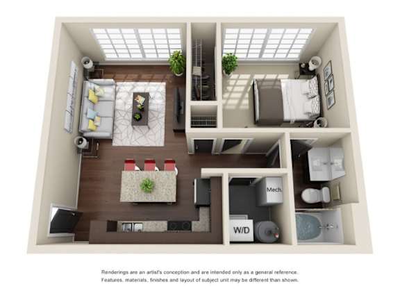 A 3D rendering of a modern apartment layout with a kitchen, living room, and two bedrooms.