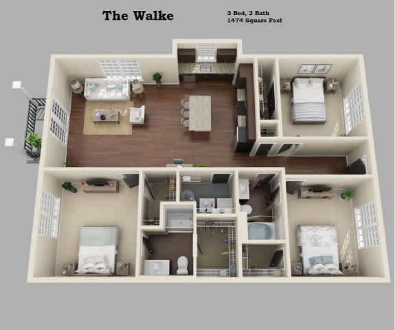 A 3 bedroom, 2 bathroom apartment with a total area of 1474 square feet.