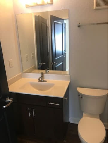 A bathroom with a sink, mirror, and toilet.